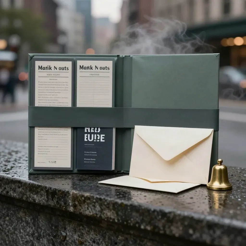 Premium trading signal pack folio with market cards, booklet, sleeve and brass token on wet stone at dusk