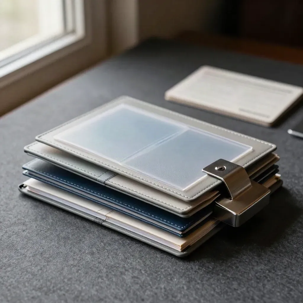 Finance strategy folders, paperweight, and divider sheet on a felt surface in soft daylight.