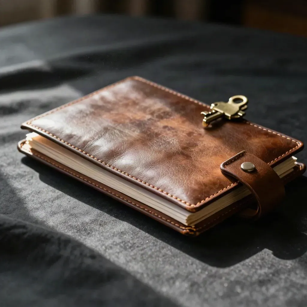 Leather coaching folio with agenda sheet and brass clip on dark cloth under dramatic studio light
