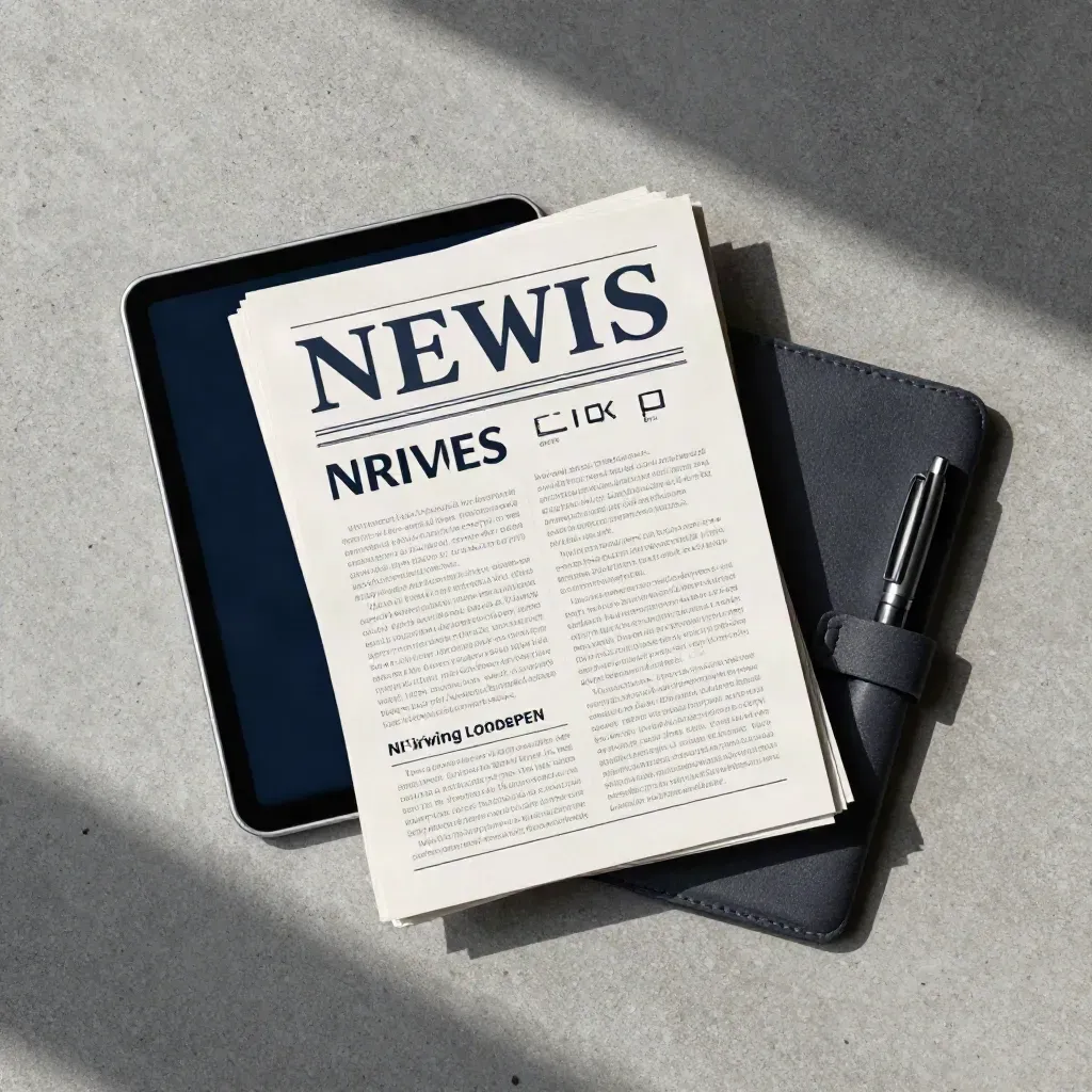 Overhead flatlay of a news brief packet, tablet and pen sleeve on cool stone.