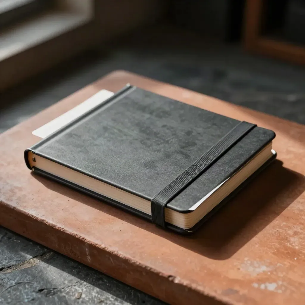 A tilted trading playbook bundle on terracotta stone with slate accents and dramatic rim light.