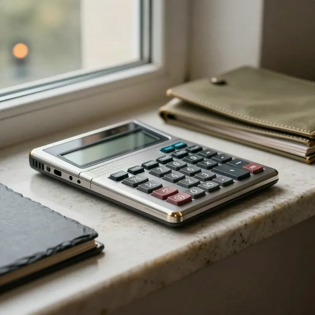 Half-open trading folio with metal corner detail on a travertine ledge, premium finance still life.