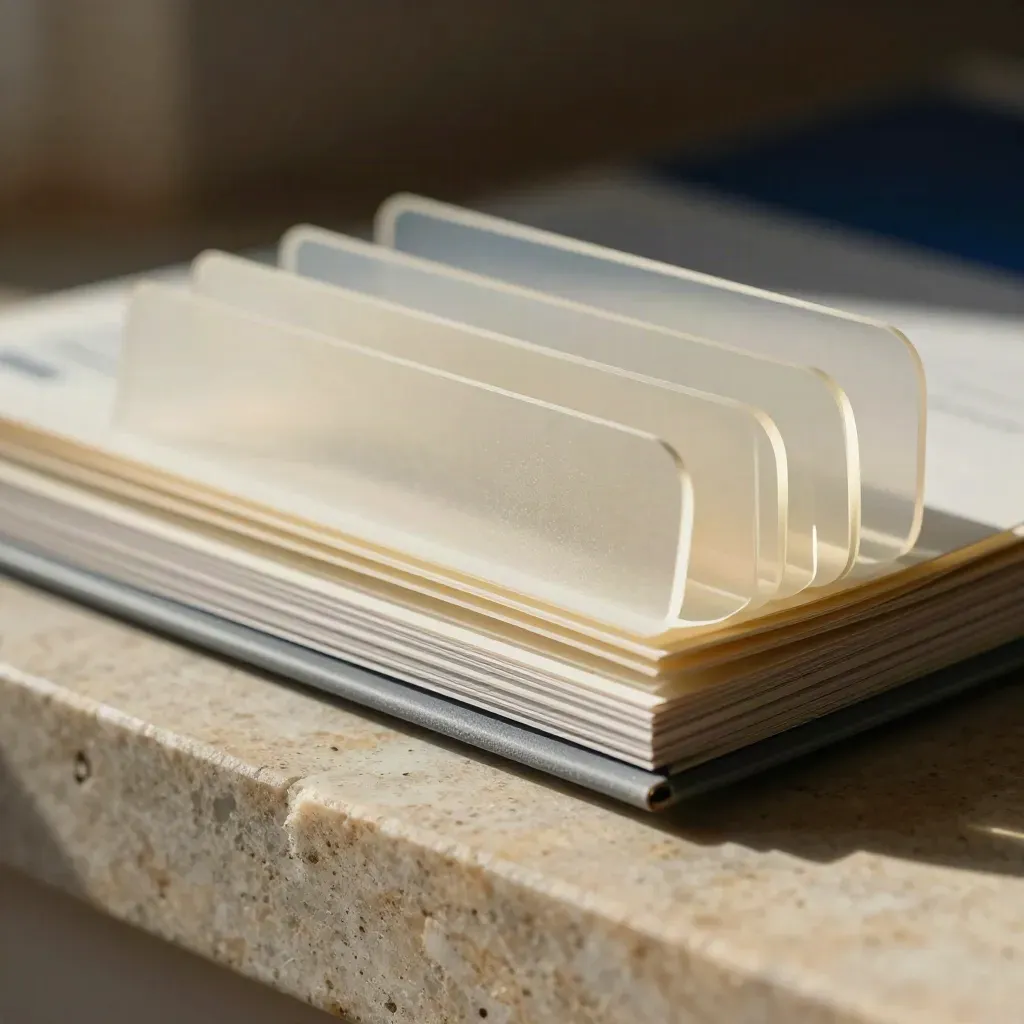 Macro of layered finance cheat-sheet cards with translucent tabs and a rigid sleeve.