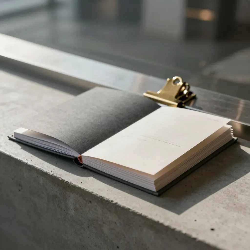 Open market brief folio with packets, divider and metal clip on concrete, softly lit.