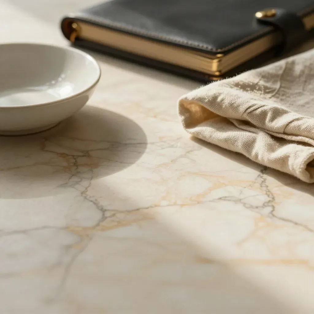 Marble surface with ceramic bowl, folded cloth and brass detail in warm late-morning light.
