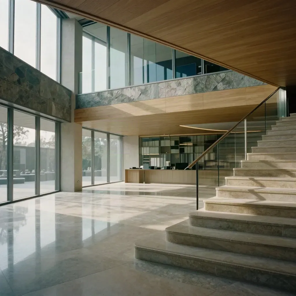 Sunlit glass-and-stone atrium with staircase landing and calm open floor for headline copy.